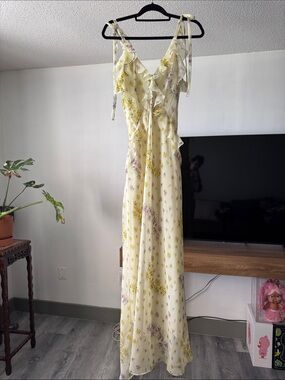 Urban Outfitters Pale Yellow Floral Ruffle Tie-Strap Maxi Dress